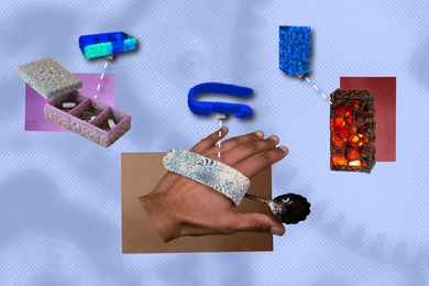 A small pillbox, a hand splint, and a rectangular magma-like lamp appear with corresponding 3D models