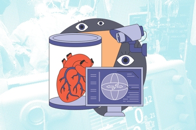 Illustration of a human heart in a canister behind a computer. Above is a security camera surrounded by eyeballs.