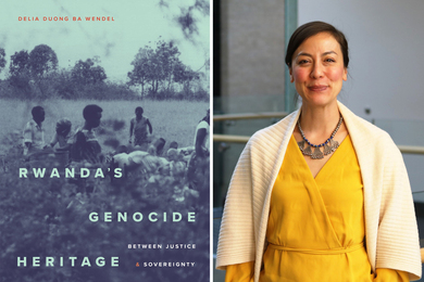On left, the blue-tinted cover of shows Rwandan people in a field. On right, a portrait of Delia Wendel.