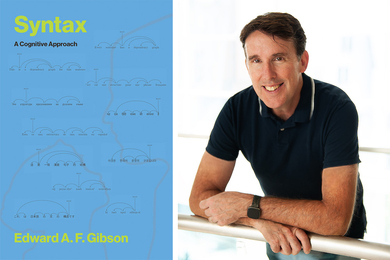 At left, cover of the book "Syntax: A Cognitive Approach." At right, author photo of Ted Gibson leaning on an indoor railing