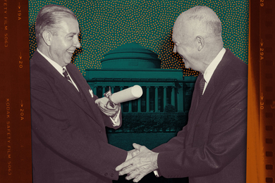 Photo collage of Killian and Eisenhower shaking hands, with the Great Dome in background.