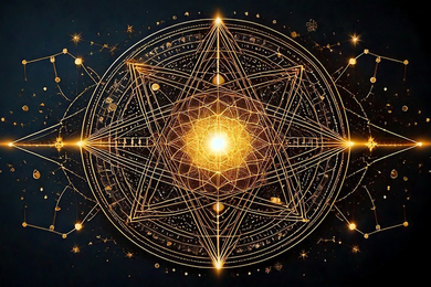 Black background with a complex, abstract golden mandella-like pattern 