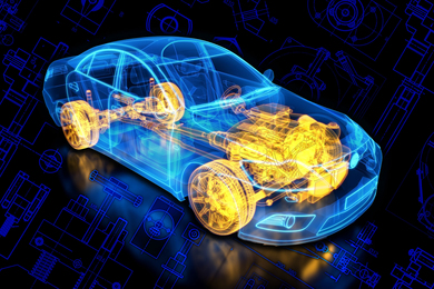 A transparent car with glowing parts.