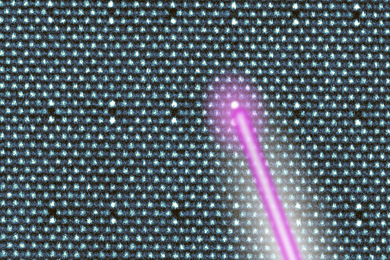 A laser beam lights up a specific atom in a giant crystal lattice of atoms.