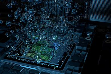 A computer chip with bubbles rising from it