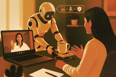 Illustration of a woman doing a video call while an android sets a mug of coffee on her desk.