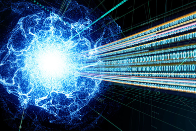An amorphous ball of energy emits beams of digital code