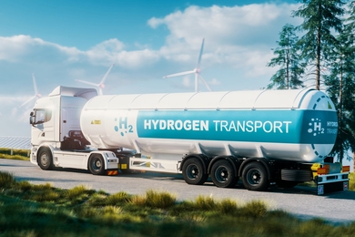 Realistic Illustration of a tanker truck transporting hydrogen. Wind generators and solar panels are visible roadside.