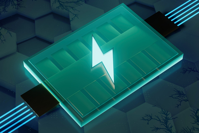 Alt text: Futuristic battery with “lightning bolt” icon, and a honeycomb lattice background.