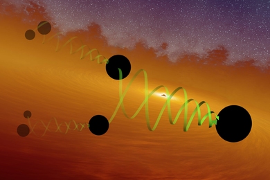 A stylized “family tree” of black holes, represented by black circles and wavy arrows, shows how some black holes have ancestors.