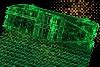Binary code fading into a rendering of a 3D automobile model