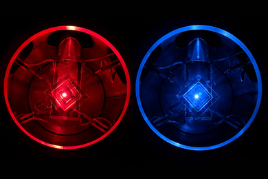 Electrically-excited quantum dots lit up red and blue