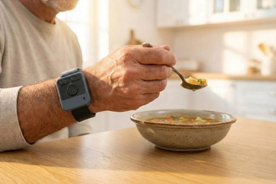 A man wearing an Encora wrist device while eating soup