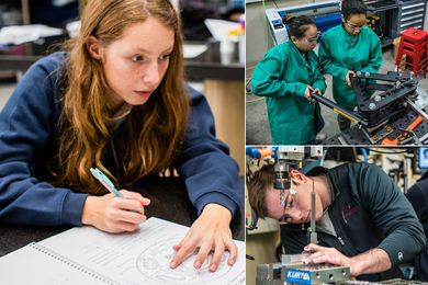 Students working in a classroom, and in a maker space