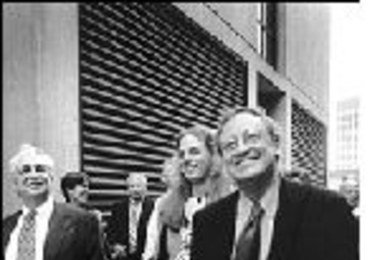 Architect Frank Gehry, observer Jane Wolfson and Dean of the School of Architecture William Mitchell (left to right) made an on-site inspection of Building 20 with local architects and members of the Cambridge Historical Commission.