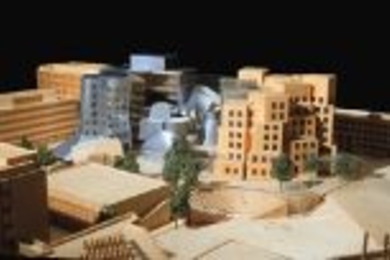 A model of the proposed Stata Center, as seen from the intersection of Vassar and Main Streets (the Parsons Lab is at lower right; Buildings 56 and 16 are at upper left).