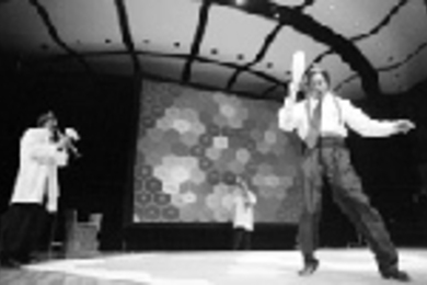 The Flying Karamazov Brothers perform a new piece during Sens*bles that they developed with Associate Professor Neil Gershenfeld's group. The floor has digital sensors and every move of their juggling pins triggers music, so musical pieces can be choreographed or an original symphony created each time they perform on the floor. The performers will use the act on tour next year.