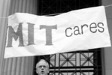 President Charles M. Vest addresses the crowd at Saturday's rally to raise money to fight leukemia.