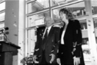 In a light-hearted tribute, the Sloan School treated William A. Porter (whose innovations in electronic trading helped make ticker tape obsolete) and his wife Joan to a Wall Street-style "ticker tape" ceremony at the sound of a mock trading bell on October 28 in the Tang Center.