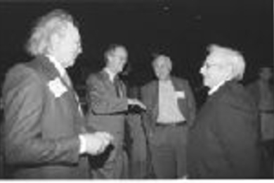 Alumnus Douglas Ross (1954) (left) chats with (left to right) President Vest, Ray Stata and architect Frank Gehry at the campaign kick-off Saturday afternoon.