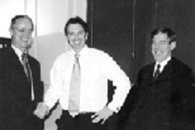 British Prime Minister Tony Blair (center) invited President Vest and Sir Alec Broers (right), vice-chancellor and head of Cambridge University, to meet with him Monday afternoon for 20 minutes in his office at Number10 Downing Street to congratulate them on the formation of the Cambridge-MIT Institute. On Monday morning, Chancellor of the Exchequer Gordon Brown, Dr. Vest and Dr. Broers announced ...