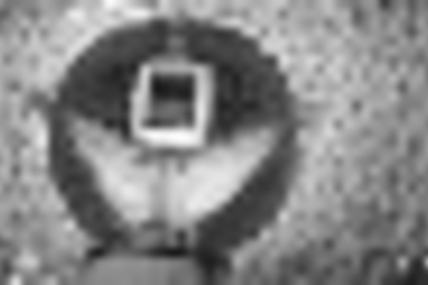 "Beneath the Radio Telescope 1" is one of the pieces on exhibit in Compton Gallery by Susan Gamble and Michael Wenyon, artists in residence at Haystack Observatory.