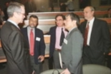 MIT's neuroscientists gathered for the announcement of Pat and Lore Harp McGovern's $350 million gift to MIT. Left to right: President Charles M. Vest; Professor Mriganka Sur, head of the Department of Brain and Cognitive Sciences (BCS); Professor Tomaso Poggio of BCS; Professor Susumu Tonegawa, a Nobel laureate and director of the the Center for Learning and Memory; and the director of the new Mc...