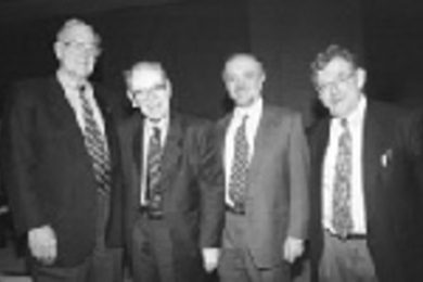 The three Nobel laureates in chemistry in 1995 gathered to speak at the third Rosenblith Lecture in Science and Technology at MIT last week, along with the MIT professor for whom the lecture series is named. Left to right: F. Sherwood Rowland of the University of California at Irvine, Institute Professor Emeritus Walter A. Rosenblith, Mario Molina of MIT and Paul J. Crutzen of the Max Planck Insti...