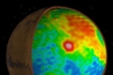 By combining highly accurate topographic maps with new plots of Mars's gravitational field, researchers have developed a working draft of what the planet's interior looks like several kilometers below the surface. This map shows the "moho," the area where the planet's crust borders its mantle.