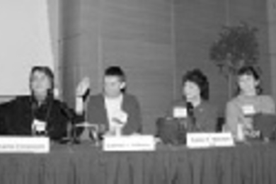 The Women in Engineering and Science panel discussion, part of the CEE Alumni/ae Day, included (left to right) Professors Sallie W. Chisholm, panel chair; Lorna J.Gibson, chair of the Gender Equity Study in the School of Engineering; and alumnae Karla H. Karash and Diane M. McKnight.