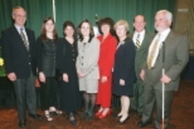 The Crystal Awards for Preeminence in Teaching were presented on the MIT campus. Left to right: President Charles M. Vest; winners Karma Paoletti (Agassiz School), Joan Soble (Cambridge Rindge and Latin School) and Karen Spaulding (Morse School); Bobbie D'Alessandro, superintendent of Cambridge Public Schools; Mary Eirich, executive director of the Cambridge Partnership for Public Education; Mayor...