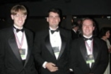 Left to right: Eric Wilhelm, Professor Joseph Jacobson and Colin Bulthaup at the Collegiate Inventors award ceremony