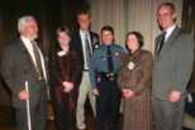 The sixth annual MIT President's Community Service Awards Ceremony was held last week, and the celebrants included (left to right) Paul Parravano, co-director of the Office of Government and Community Relations; Cambridge City Councillor Marjorie C. Decker; award recipient Win Poor, director of CASPAR Emergency Service Center; award recipient Sgt. Cheryl Vossmer of the Campus Police; Mrs. Rebecca ...