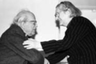 At a 1997 party honoring his 80th birthday, Institute Professor Emeritus Herman Feshbach is greeted by human rights activist Yelena Bonner, who told guests of the party how Professor Feshbach had helped smuggle the work of her husband, Andrei Sakharov, out of the Soviet Union. Professor Feshbach "wasn't worried about the KGB -- he only worried about his wife finding out," she said.