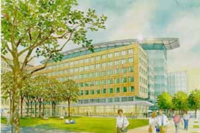 An artist's rendering of a new building nearing completion in Technology Square. The perspective is from Main Street looking northeast.