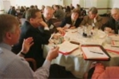 Lee Bollinger, left, president of University of Michigan, makes a point to MIT Professor Nancy Hopkins and Princeton Professor Shirley Tilghman during the Presidents Workshop on Gender Equity at the MIT Faculty Club. Around the table to Dr. Bollinger's left are Yale President Richard Levin, University of California-Berkeley Vice Provost Jan de Vries, Dr. Hopkins, Dr. Tilghman, and MIT Dean of Engi...