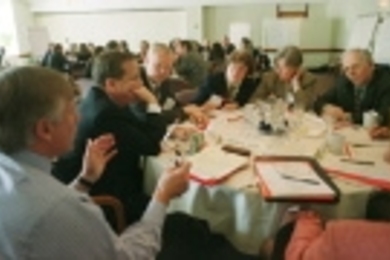 Lee Bollinger (far left), president of the University of Michigan, makes a point to MIT Professor Nancy Hopkins and Princeton Professor Shirley Tilghman during the Presidents Workshop on Gender Equity at the Faculty Club Monday. Around the table to Dr. Bollinger's left are Yale President Richard Levin; Jan de Vries, vice provost of the University of California at Berkeley; Dr. Hopkins; Dr. Tilghma...