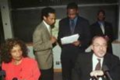 The Rho Nu chapter of the Alpha Phi Alpha Fraternity organized a debate on slavery reparations. The debaters were Dorothy B. Lewis, co-chair of the National Coalition of Blacks for Reparations in America and David Horowitz, president of the Center for the Study of Popular Culture and editor-in-chief of Frontpage, an online magazine. Standing are Jonathan White (left), one of the organizers of the ...