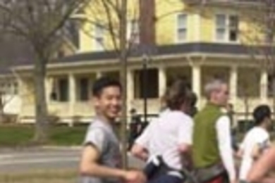 Roger Hu running in his first Boston Marathon. He was photographed by his brother Stanley, a veteran of several marathons.