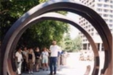 Bill Arning, curator of the List Visual Arts Center, led a tour of campus sculptures this month. One of the pieces he talked about was "Two Indeterminate Lines," a sculpture by French minimalist Bernar Venet in front of Dewey Library.