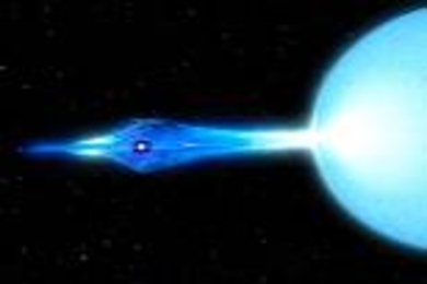 This animation illustrates the accretion flow, with gas from a large companion star swirling around a tiny neutron star, attracted by the neutron star's gravity.