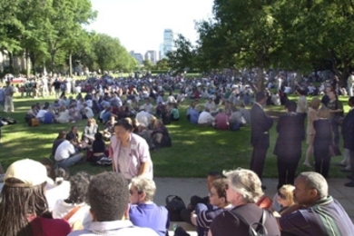 Some 5,000 students and staff discuss with facilitators their feelings about the attacks on NY and DC.
