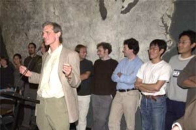 At the Oct. 9 press conference, Professor Ketterle praises the "great team" of students who helped discover a new state of matter, the Bose-Einstein condensate.