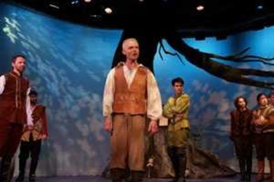 Carl Kraenzel as Jaques (center) presides over the mass wedding at the end of "As You Like It," as (left to right) Ken Buswell, Josh Randall, Stephen Larso, Lisa Messeri and Alice Tsay look on.