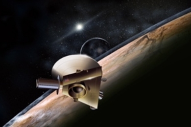 Artist's rendition of the New Horizons spacecraft. The craft's miniature cameras, radio science experiment, ultraviolet and infrared spectrometers and space plasma experiments will characterize the global geology and geomorphology of Pluto and Charon, map their surface compositions and temperatures, and examine Pluto's atmosphere in detail. The spacecraft's most prominent design feature is an 8-fo...