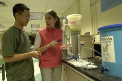 Lecturer Susan Murcott and graduate student Jason Low of civil and environmental engineering survey microbial colonies in a dish from one of the water filtration techniques they are examining for potential use in Nepal.