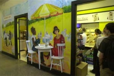 "Building 4 Cafï¿½," a mural by Jennifer Cook-Chrysos, was recently installed by the Building 4 coffee shop.