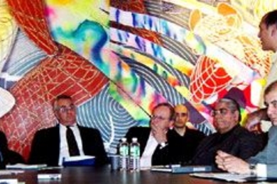 Haron Amin, Charge d'Affairs, Afghanistan Embassy Washington DC; Congressman Barney Frank; Dean William Mitchell, School of Architecture and Planning, MIT; Tawab Assifi, SAE member and former Minister of Mines and Industries), Afghanistan; Rafi Samizay, Professor of Architecture, Washington State University, former Dean of Department of Architecture, Kabul University. Standing: Najim Azadzoi, Head...