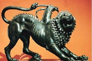MIT researchers are synthesizing novel  stimuli which have the envelope of one sound and the fine structure of another  sound. They call these stimuli "auditory chimeras" by analogy with the  mythological beasts, which have the head of a lion, the body of a goat, and the  tail of a serpent. (Image: Chimera of Arezzo)