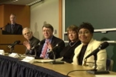Participants at a March 13 news conference announcing  the Army's selection of MIT's proposal for an Institute for Soldier Nanotechnologies  (ISN) are, from left, MIT Provost Robert Brown; Dean of Engineering Thomas Magnanti;  Professor Ned Thomas, Director of the ISN; Vice President for Research and Associate  Provost Alice Gast, and Professor Paula Hammond of chemical engineering.